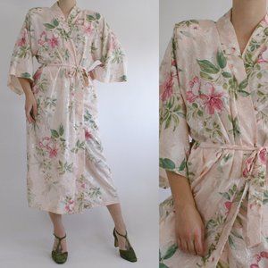 Vintage 90s Kimono style soft peachy pink floral print satin wrap robe